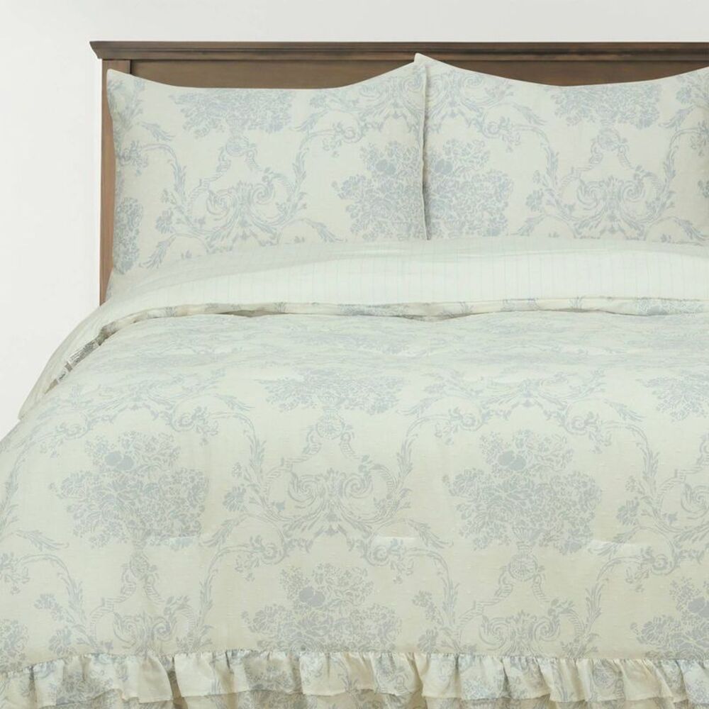 Full/Queen Ruffle Comforter Set Blue Floral - Picture 2 of 4